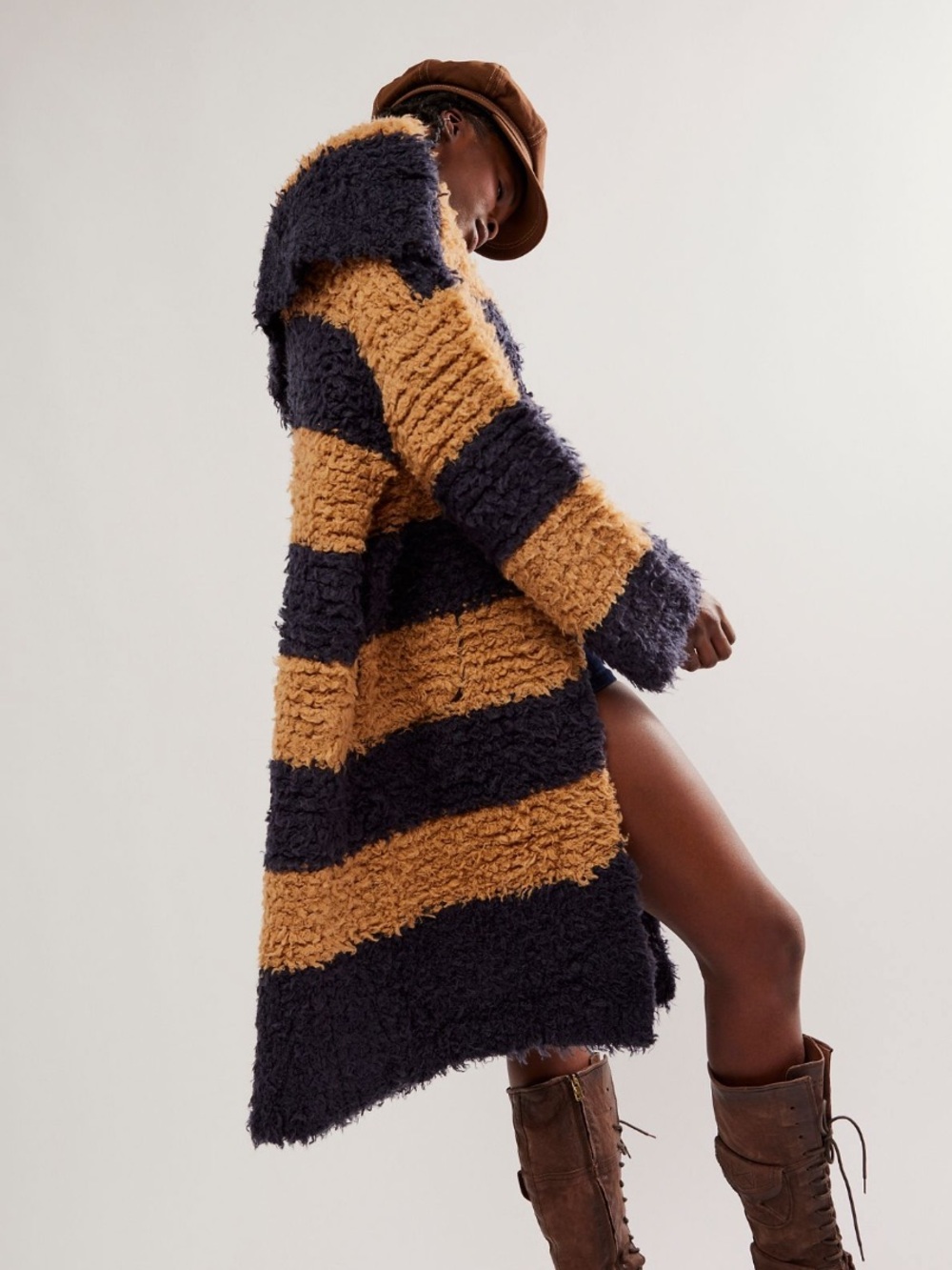 Free People Plush Hooded Open Cardigan in Navy and Camel Stripes